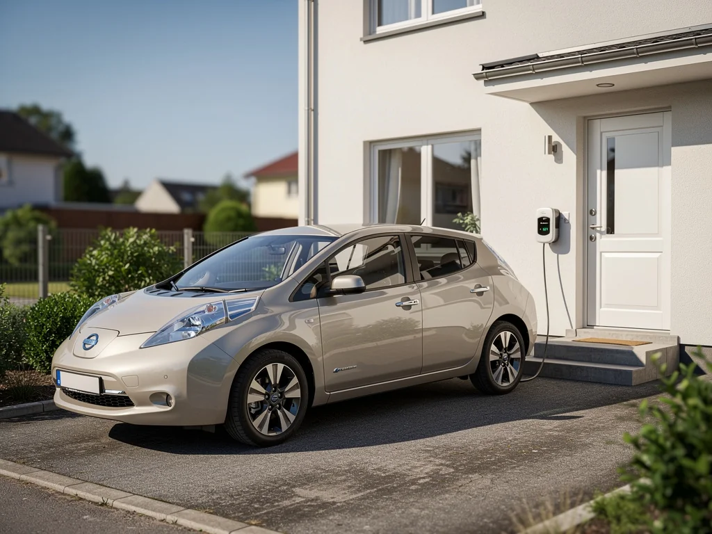 Citadine électrique branchée sur une borne de recharge à domicile