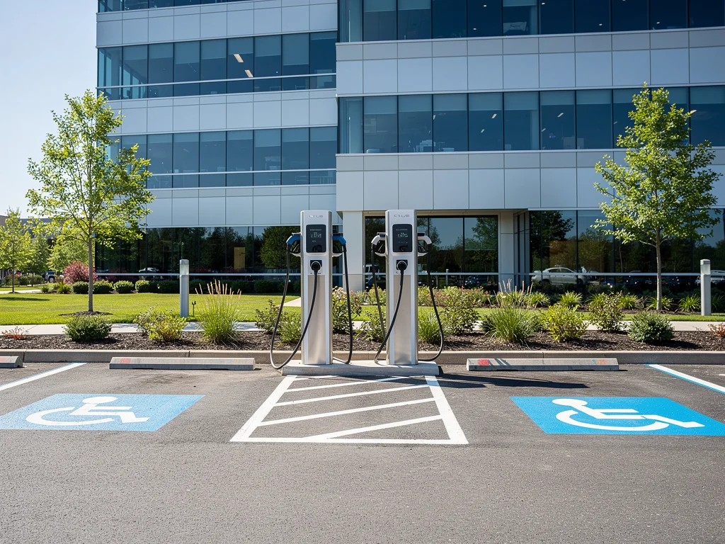 Deux bornes sur pied alignées sur un parking de société