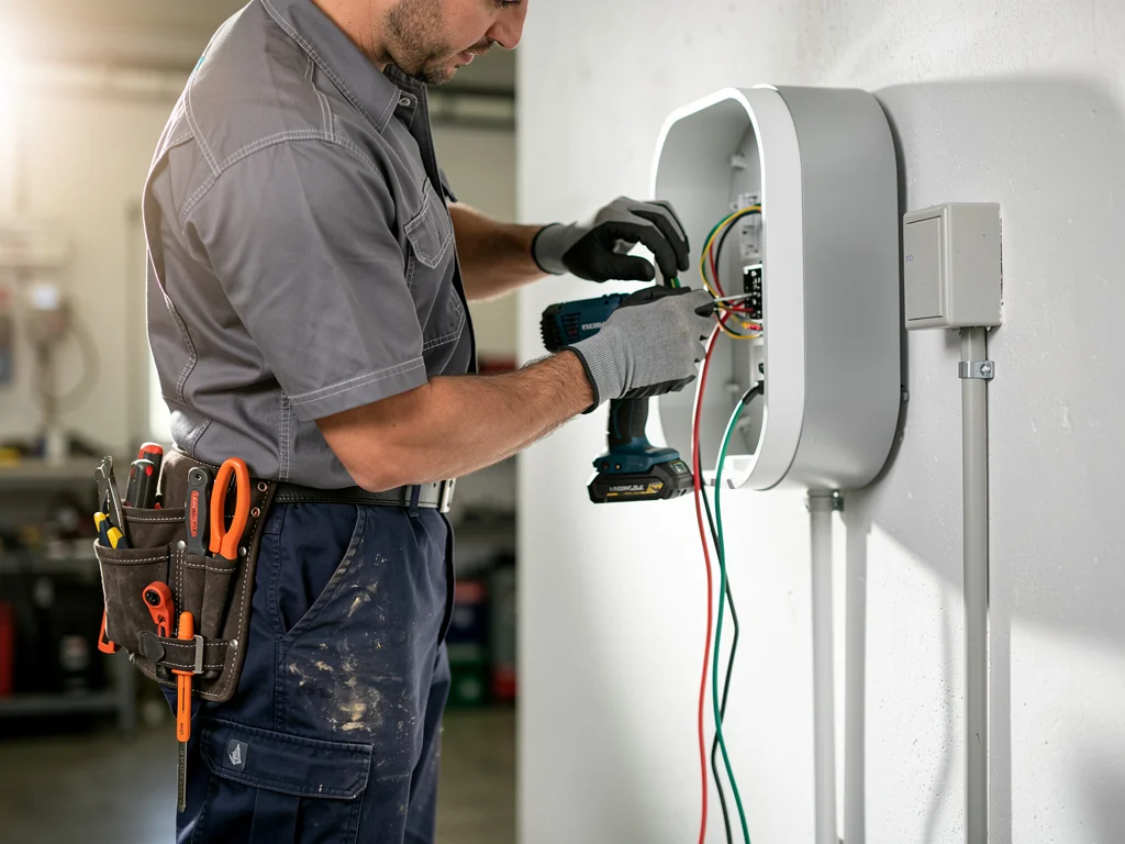 Électricien certifié IRVE en train de câbler une borne de recharge