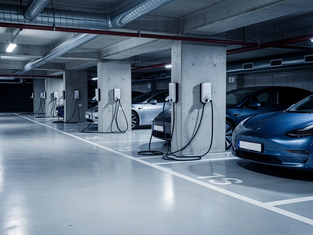 Points de charge partagés dans le parking souterrain d'une copropriété